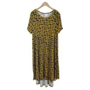 Lularoe Carly High Low Swing Dress Yellow and Navy Blue Print Size Medium